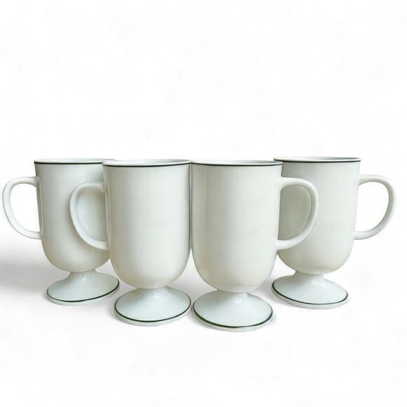 Vintage Irish Coffee White Shamrock Green Trim Footed Ceramic Mugs Set of 4 - Picture 2 of 16